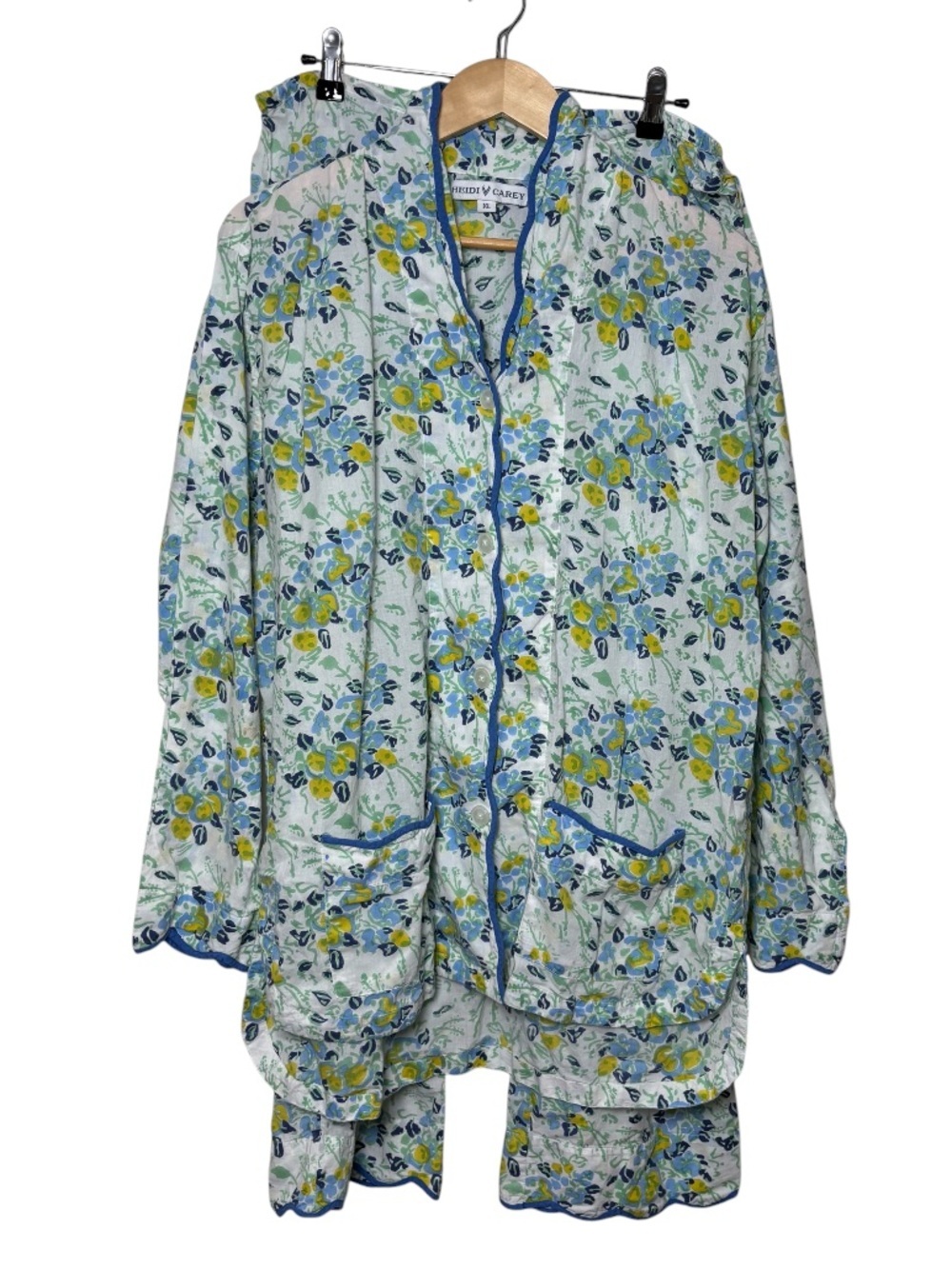 Heidi Carey Floral Pajama Set XL Scalloped Trim 100% Cotton Blue Luxury Lounge